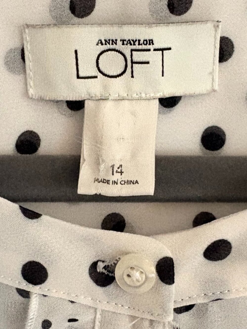 Loft White and Black Polka Dot Sheer Button-Front Ruffle Trim Blouse/Top Size 14 - Picture 6 of 7